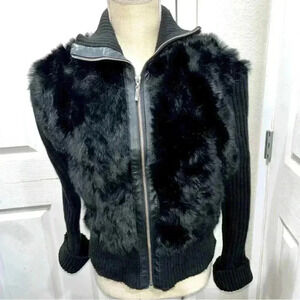 Vintage leather brand leather and genuine fur zip front luxury sweater in black
